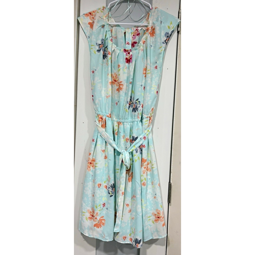 LC Lauren Conrad Women's L Blue Floral Tie Waist Belted Fit & Flare Dress